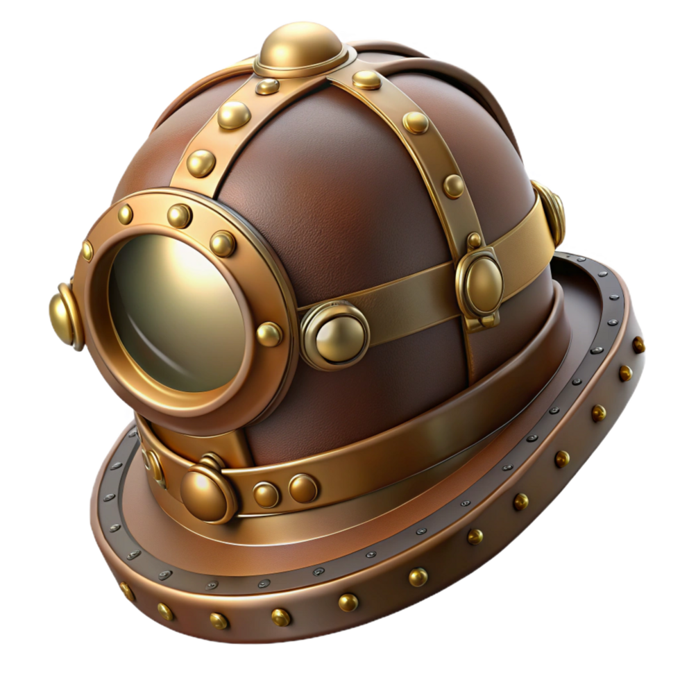 elegant minimalist Steampunk helmet with a brass visor and leather straps high resolution png