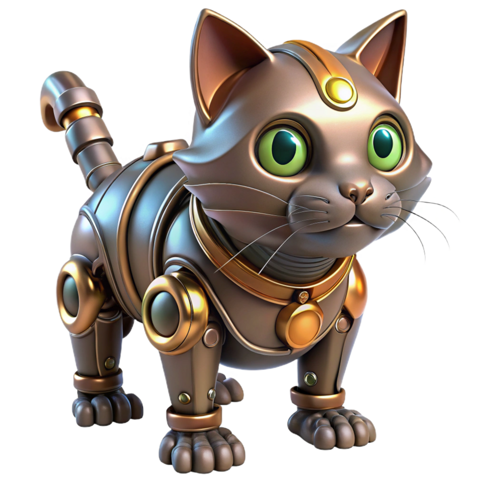 magnificent creative Steampunk robotic cat with glowing eyes and metallic fur authentic png