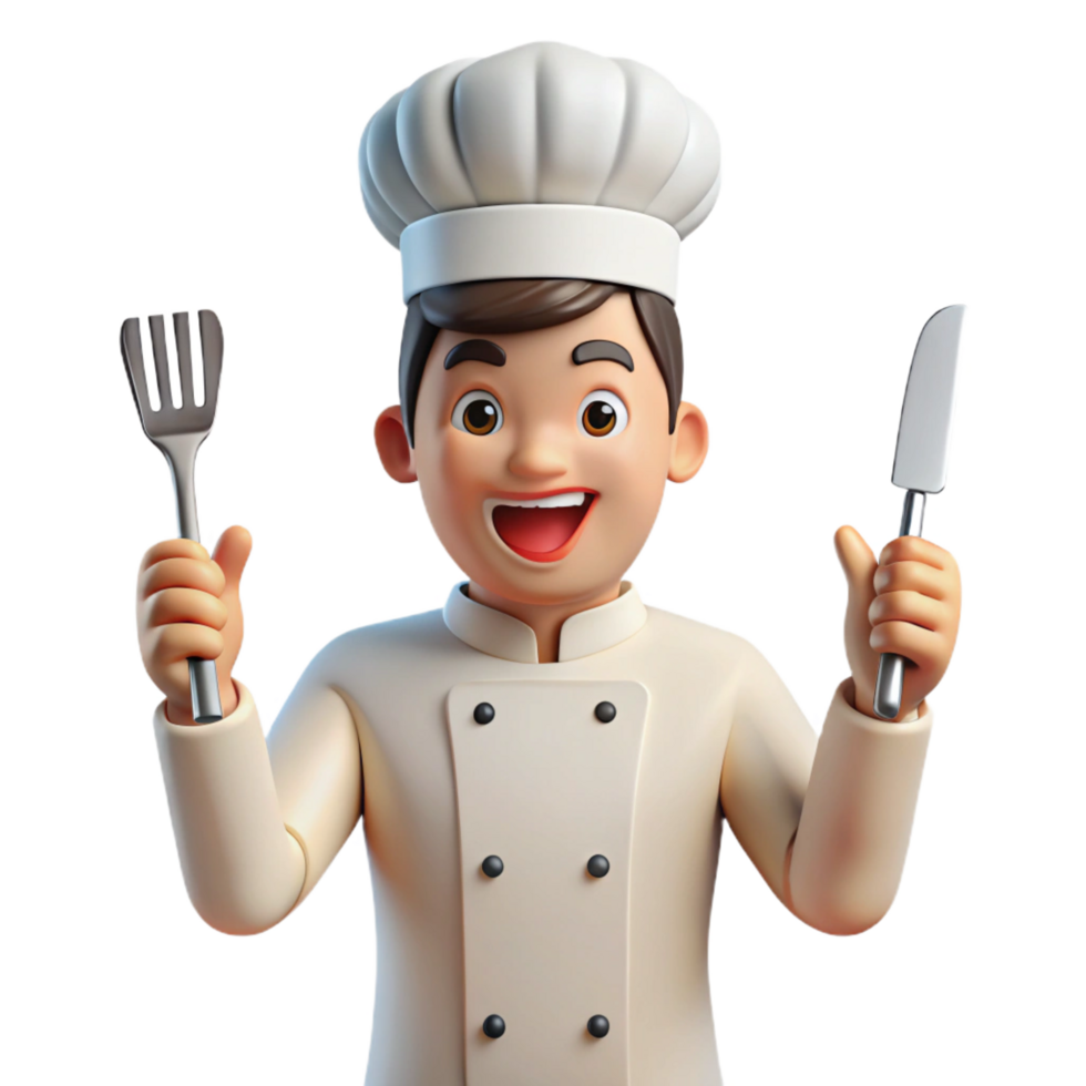 dramatic artistic Excited chef, holding knife and fork, genuine png