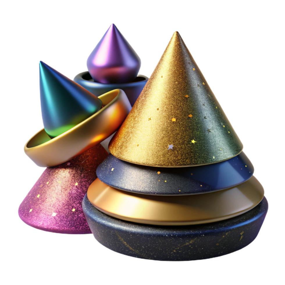 dramatic modern Party Hats Stacked Together Multicolored Transparent Background exclusive png