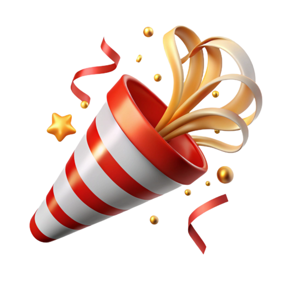 magnificent traditional Party Popper with Streamers Red and White Transparent Background high resolution png