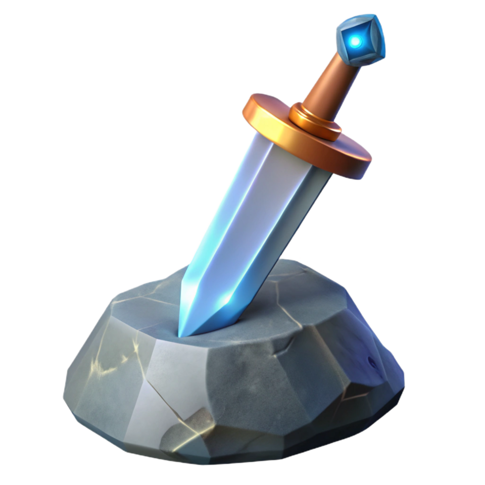 vibrant modern A gleaming longsword, embedded in a stone original png