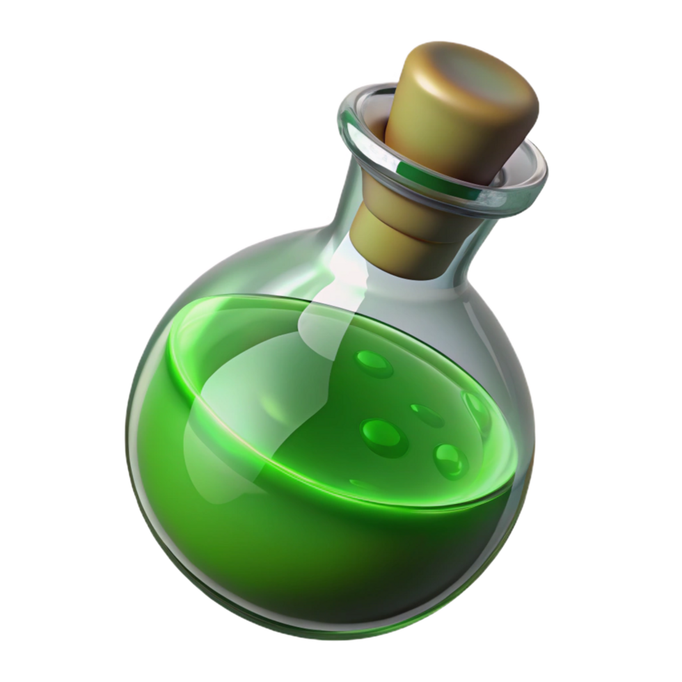 wonderful traditional A potion bottle, filled with swirling green liquid genuine png