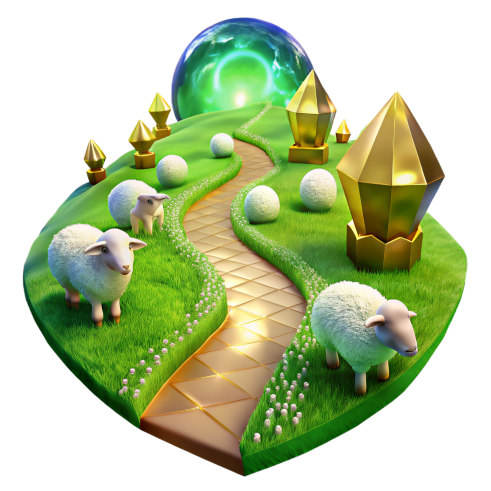 beautiful traditional Path Through Green Meadow with Grazing Sheep Transparent Element png