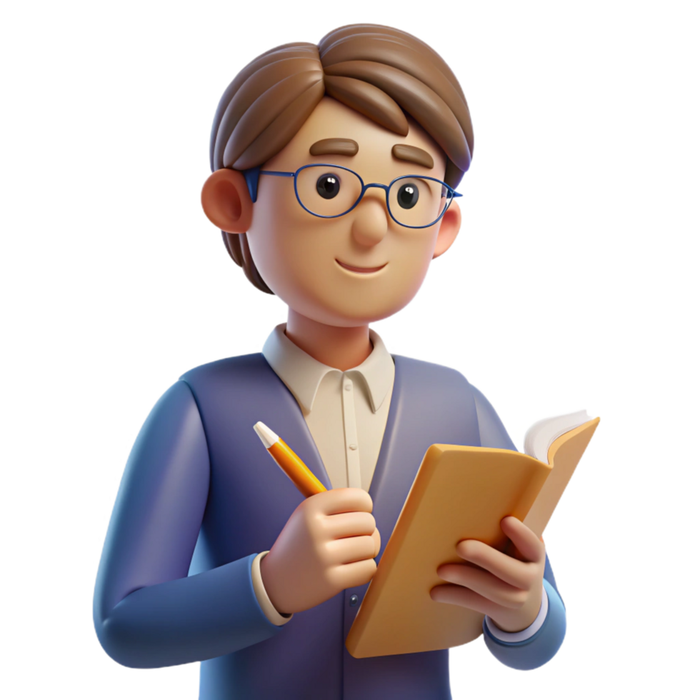 vibrant minimalist Pensive writer with a pen and notebook, authentic png