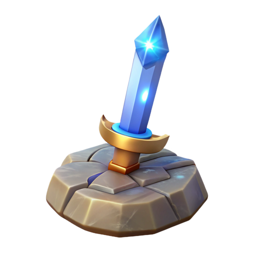 serene traditional A gleaming magic sword, embedded in a stone, high resolution png