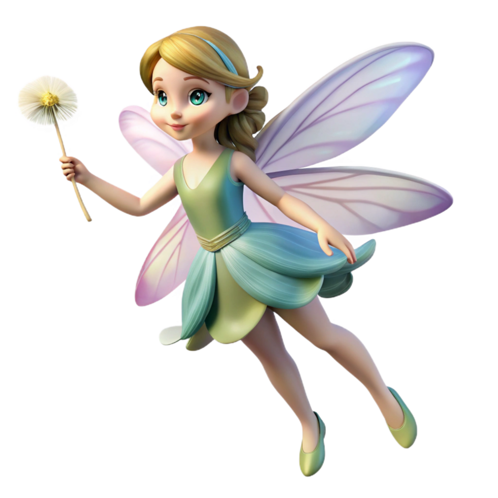 magnificent rustic A delicate fairy, iridescent wings, holding a dandelion seed, high resolution png