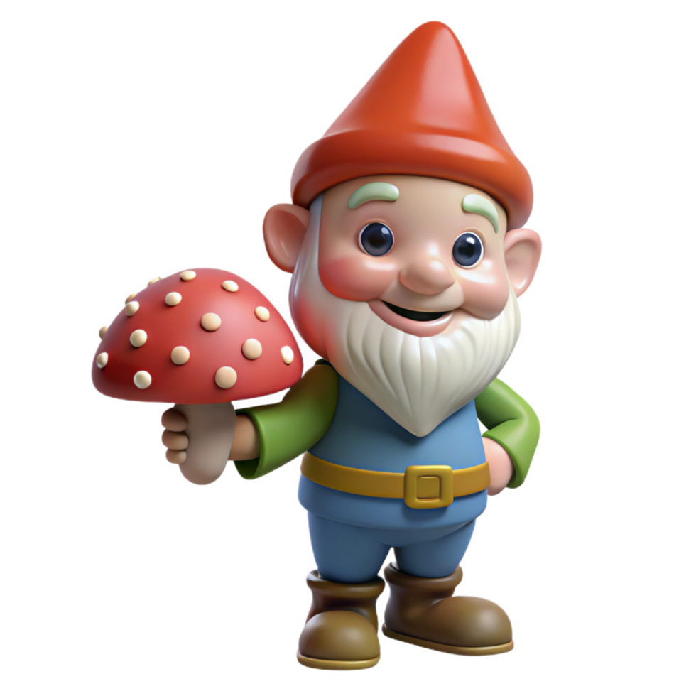 stunning vintage A playful gnome, holding a mushroom, cheerful expression, premium png