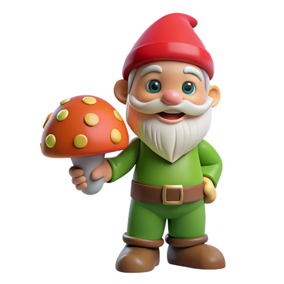 elegant traditional A playful gnome, holding a mushroom, cheerful expression, detailed png