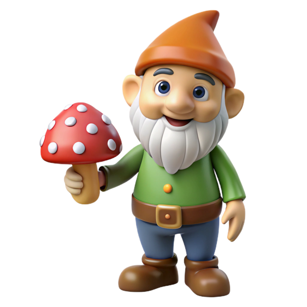stunning abstract A playful gnome, holding a mushroom, cheerful expression, detailed png