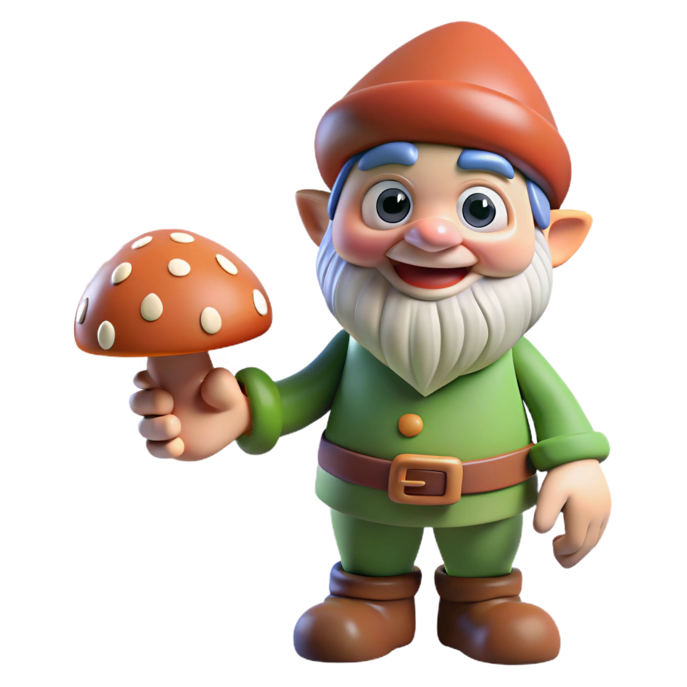 magnificent creative A playful gnome, holding a mushroom, cheerful expression, authentic png