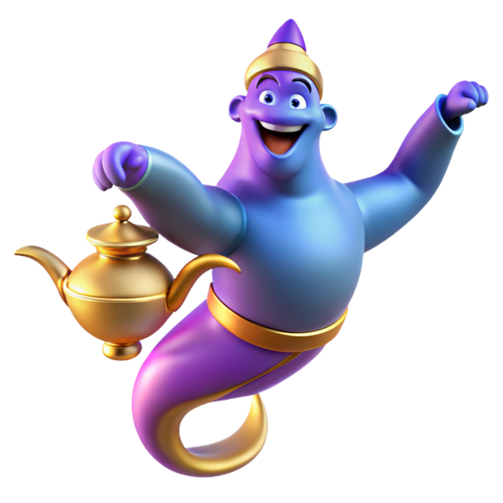 elegant artistic A powerful genie, emerging from a magic lamp, detailed png
