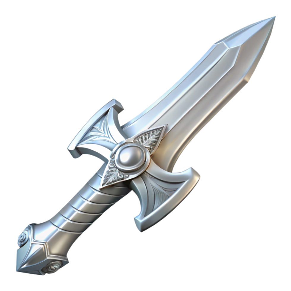 impressive traditional A single, gleaming silver sword with intricate elven engravings, premium png