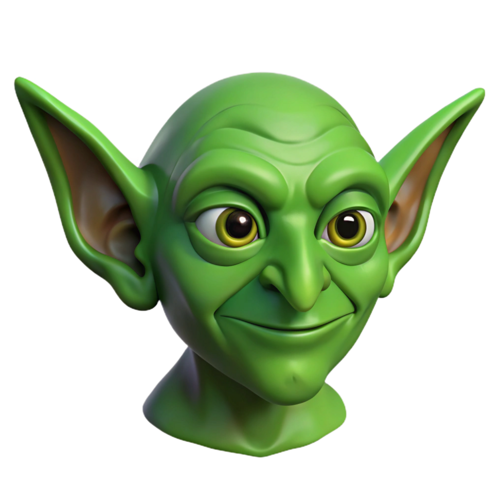 beautiful classic A realistically rendered goblin head with pointed ears and green skin, genuine png