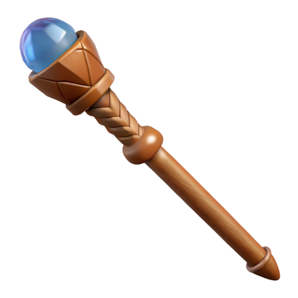 wonderful artistic A single, intricately carved wooden wand with a crystal tip, 4K png