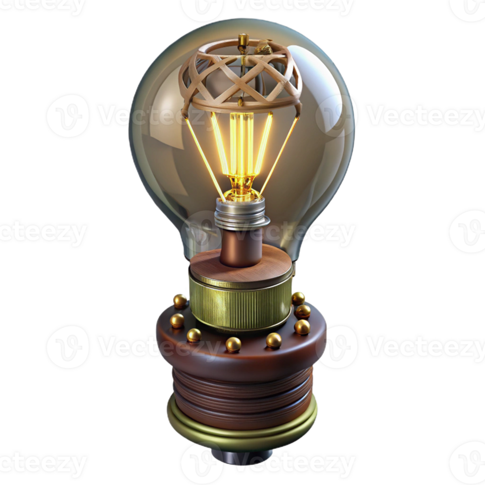 serene artistic Steampunk lightbulb with intricate filaments and a brass base exclusive png