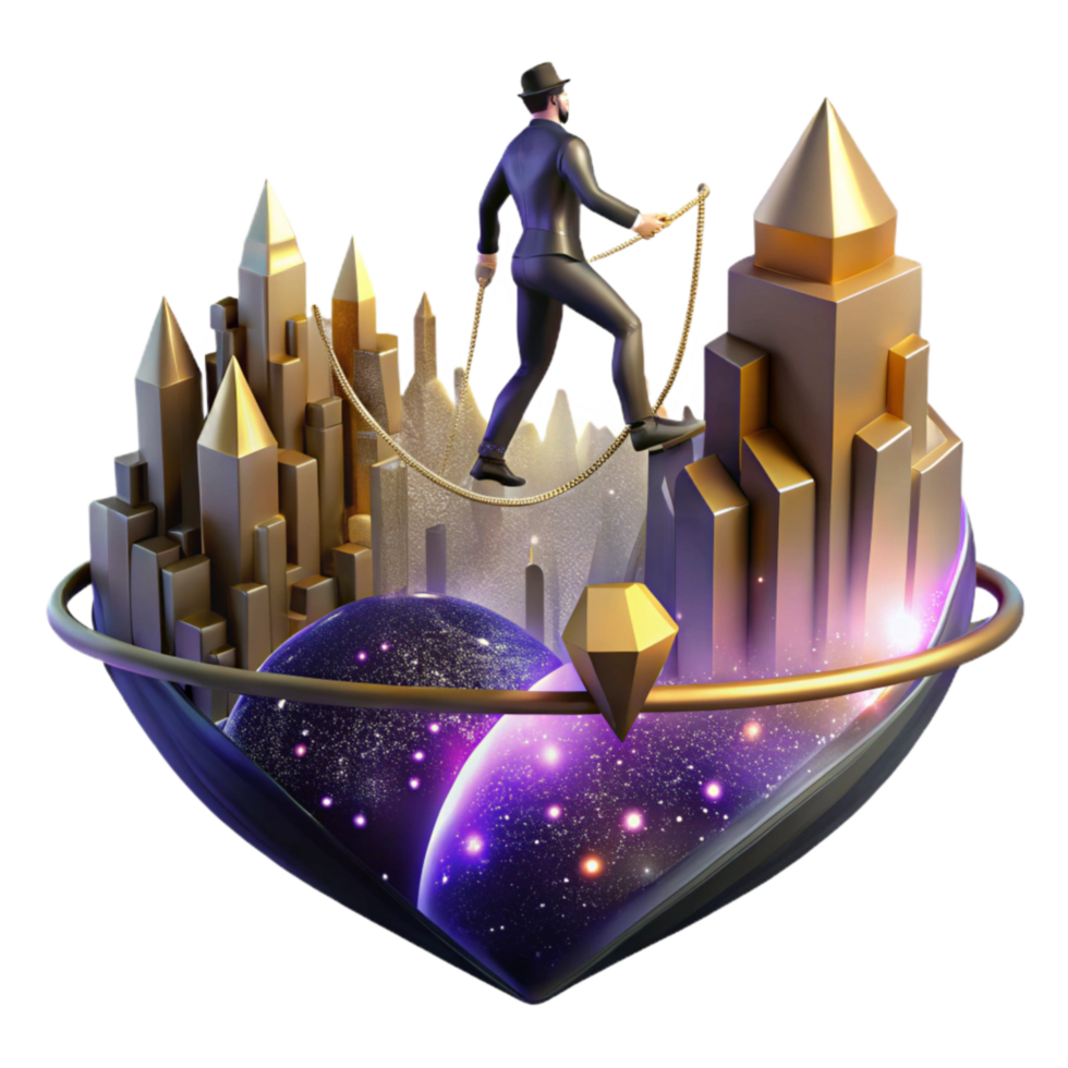 beautiful classic Silhouette Figure Walking Tightrope Over City authentic png