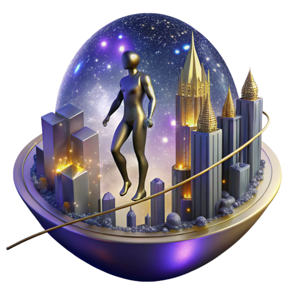 vibrant modern Silhouette Figure Walking Tightrope Over City high resolution png