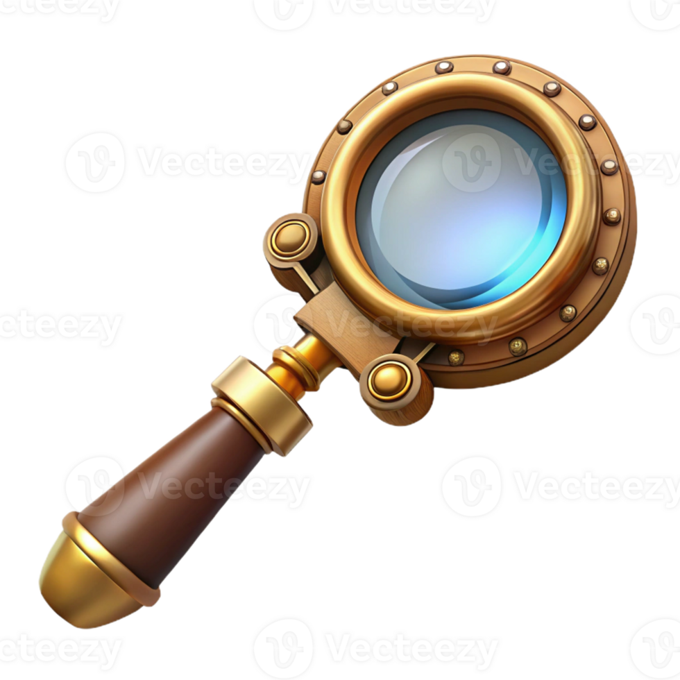 dramatic artistic Steampunk magnifying glass with a brass handle and ornate frame exclusive png