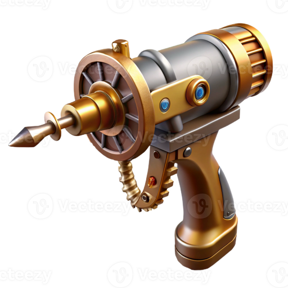 vibrant artistic Steampunk drill with a rotating brass bit and a hand crank 4K png