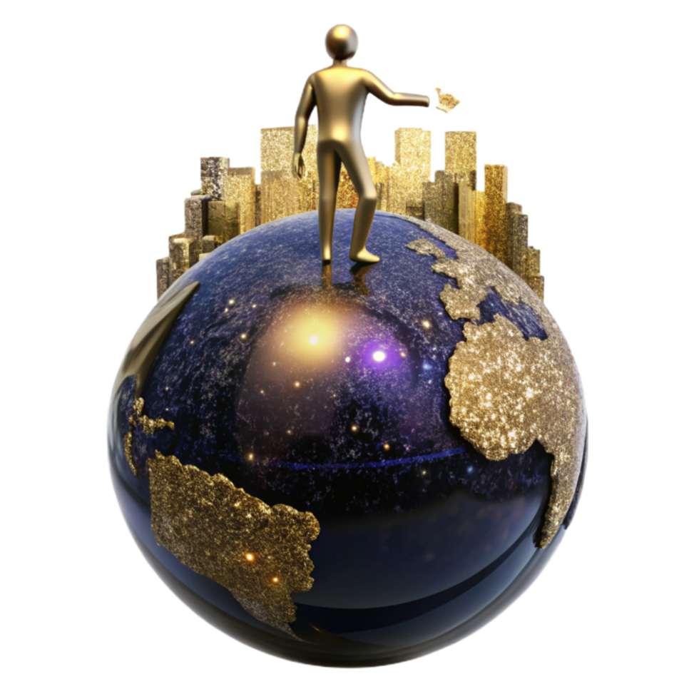 serene abstract Silhouette Person Balancing on Globe with City Skyline Cutout original png