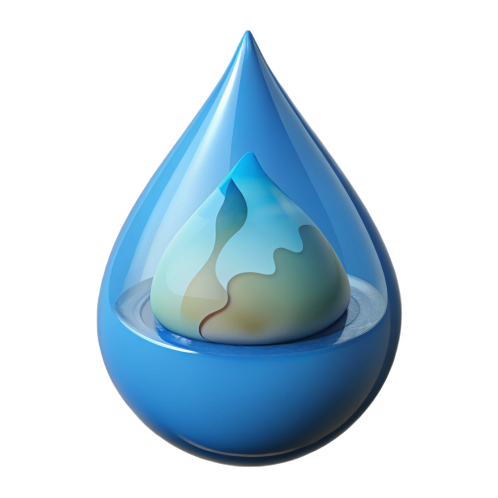 extraordinary artistic A single drop of water with a miniature world reflected inside, 4K png