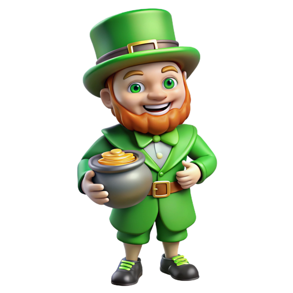 vibrant minimalist A playful leprechaun, green clothes, pot of gold genuine png