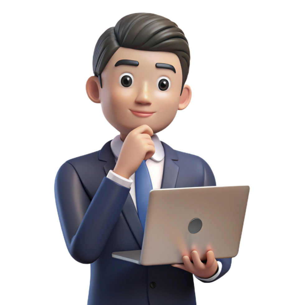 magnificent contemporary Thinking businessman with laptop, exclusive png