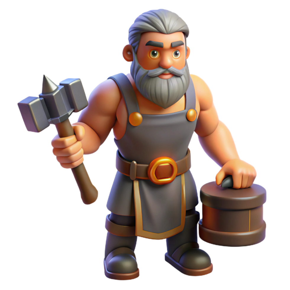 dramatic rustic Hephaestus, God of the Forge, holding hammer, 4K png