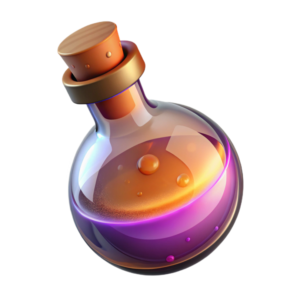 elegant modern A glowing potion bottle, swirling liquid inside, cork stopper 4K png