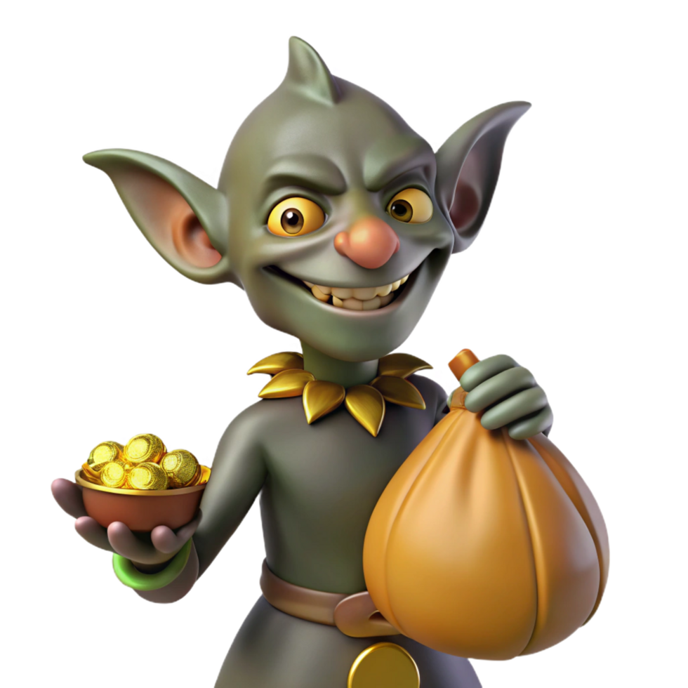 impressive contemporary A mischievous goblin, holding a sack of gold, pointed ears original png