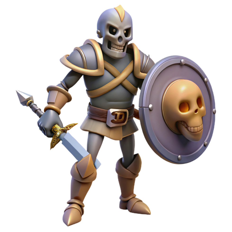 elegant contemporary A skeletal warrior, holding a sword and shield original png