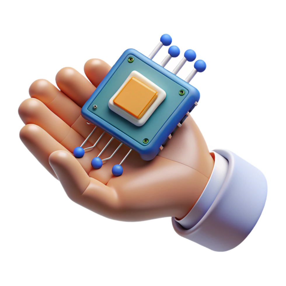 stunning contemporary Cybernetic hand holding a data chip 4K png