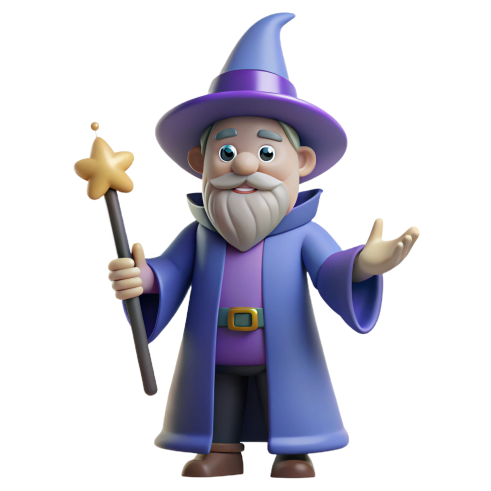 serene creative Cartoon wizard, holding wand, exclusive png