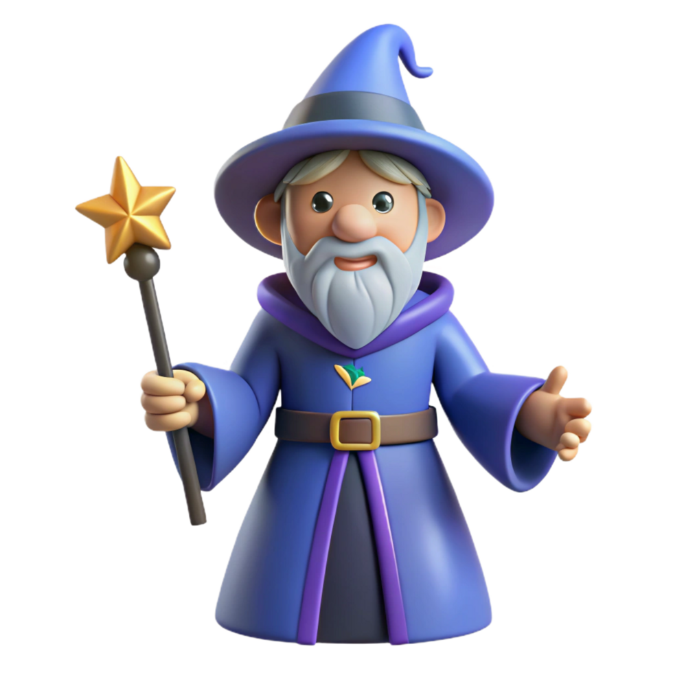 vibrant classic Cartoon wizard, holding wand, high resolution png