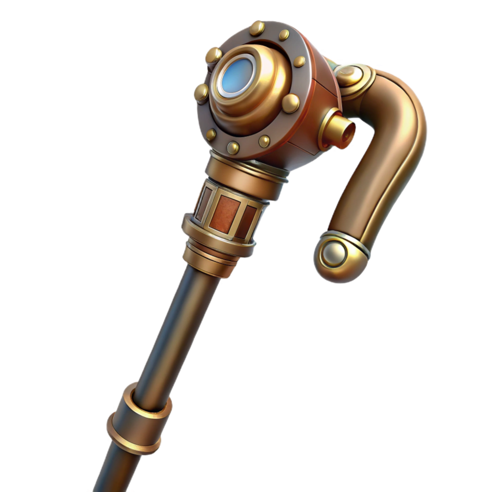 dramatic artistic Steampunk cane with a brass handle and concealed gadgets original png