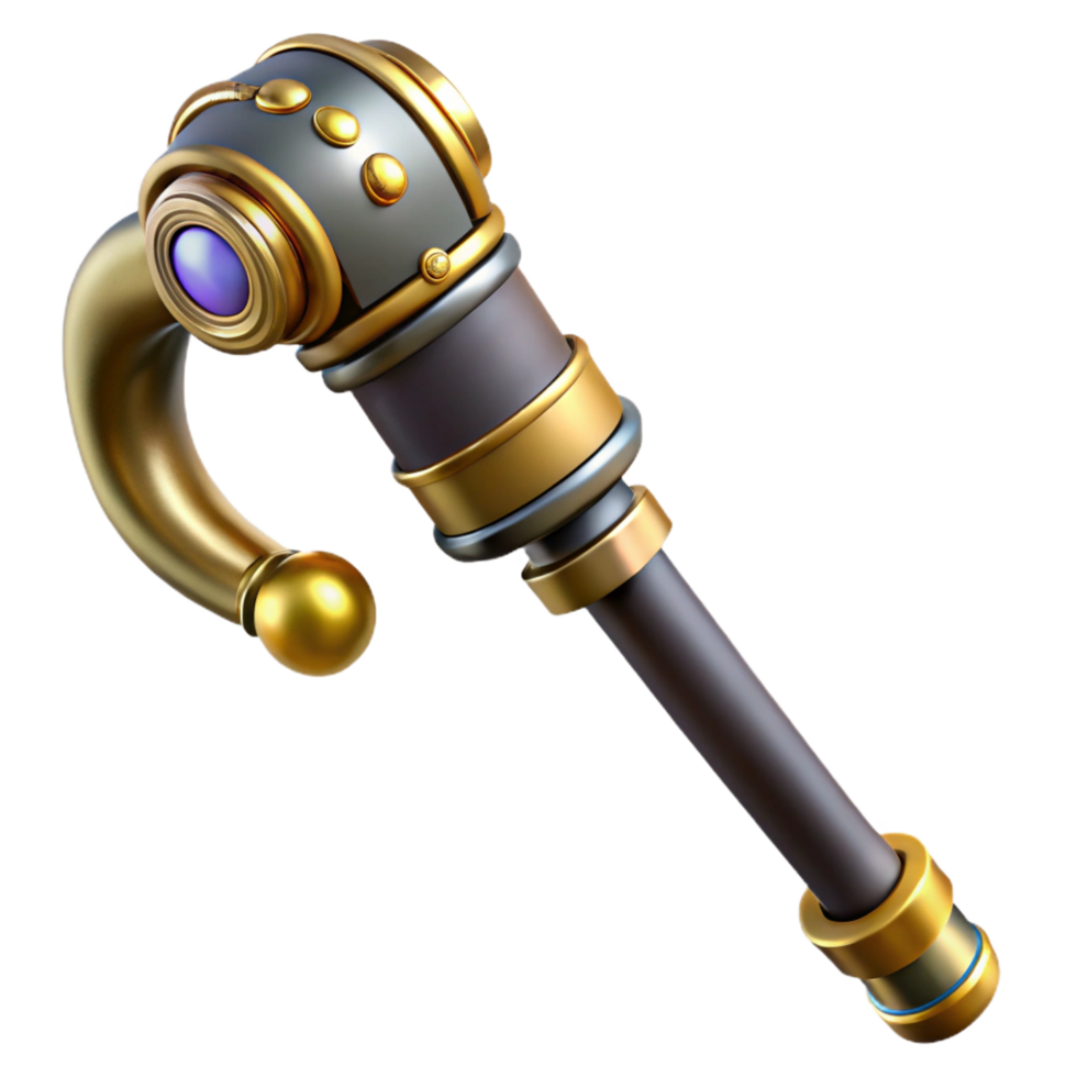 wonderful contemporary Steampunk cane with a brass handle and concealed gadgets premium png