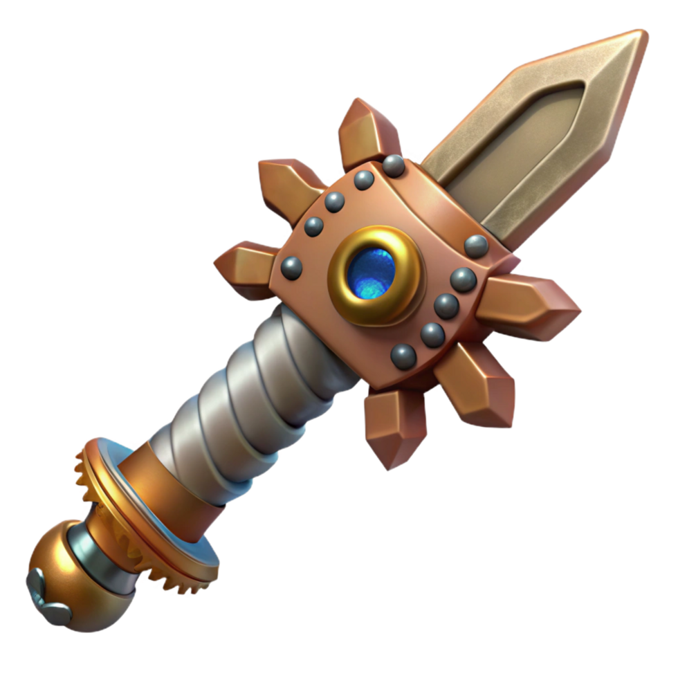 vibrant minimalist Steampunk sword with a gear-studded hilt and a serrated blade high resolution png