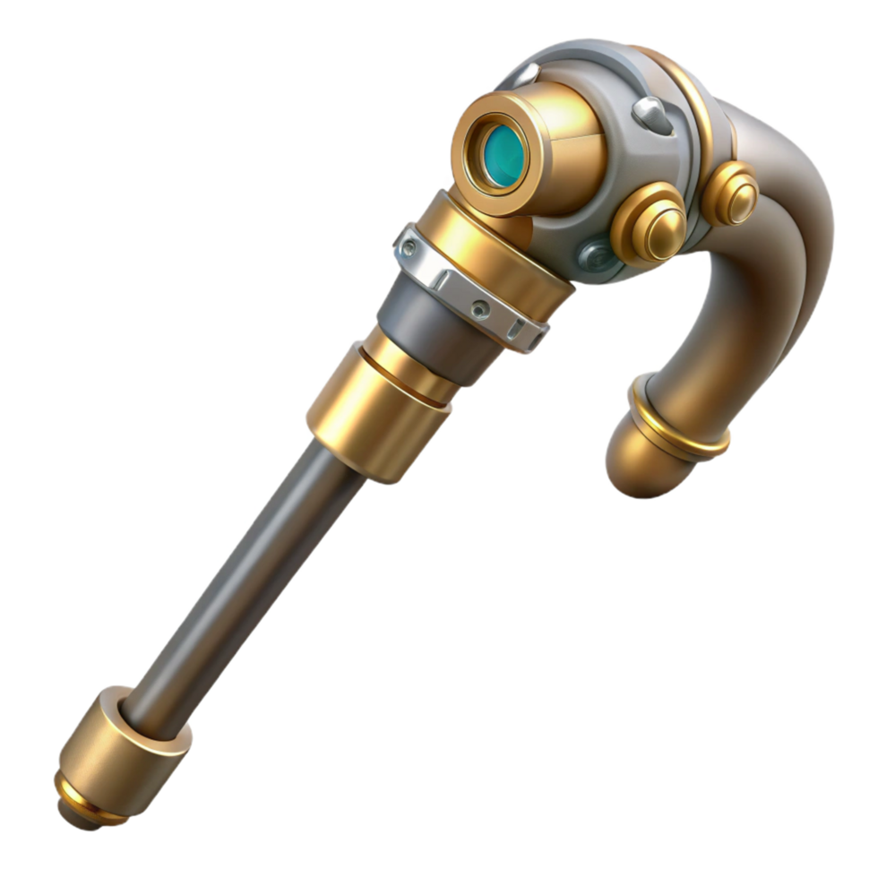 wonderful rustic Steampunk cane with a brass handle and concealed gadgets authentic png