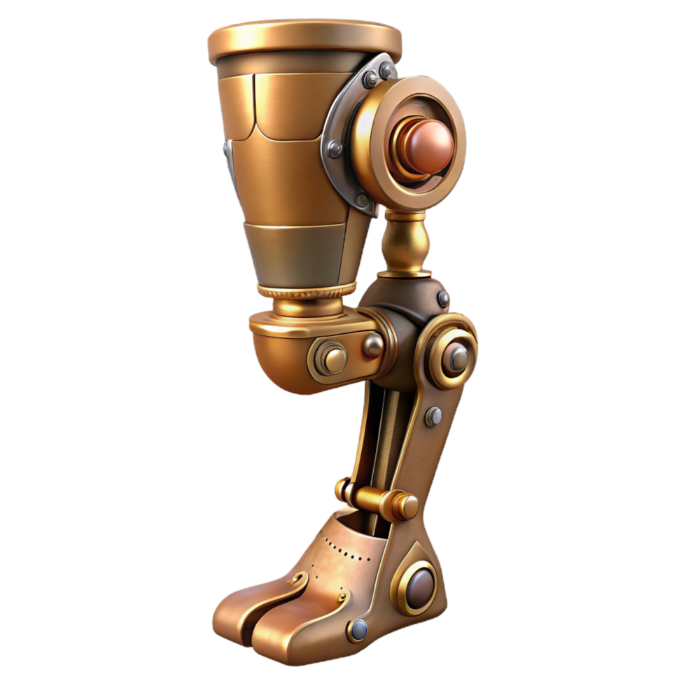 vibrant creative Steampunk prosthetic leg with articulated joints and brass plating detailed png