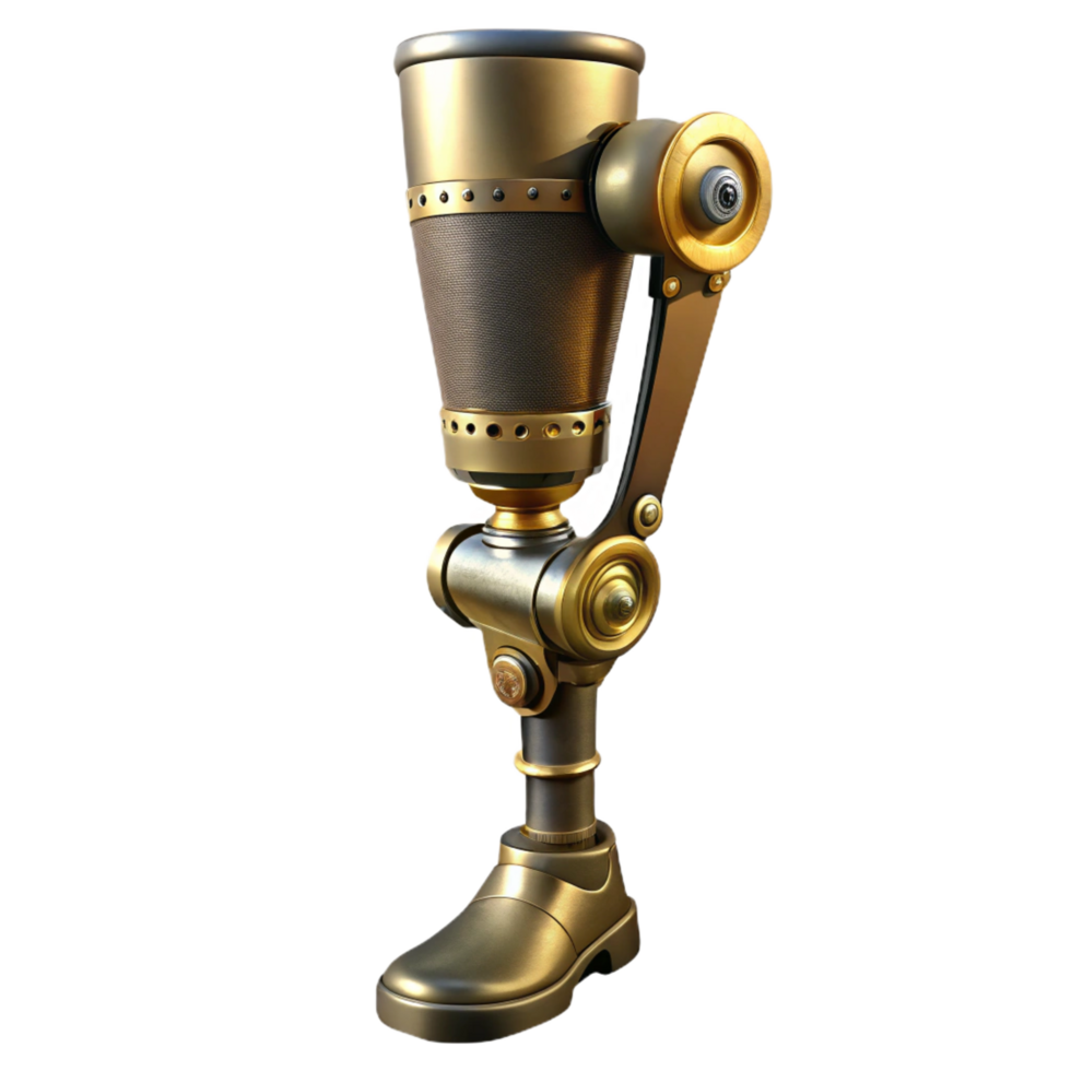 serene minimalist Steampunk prosthetic leg with articulated joints and brass plating original png