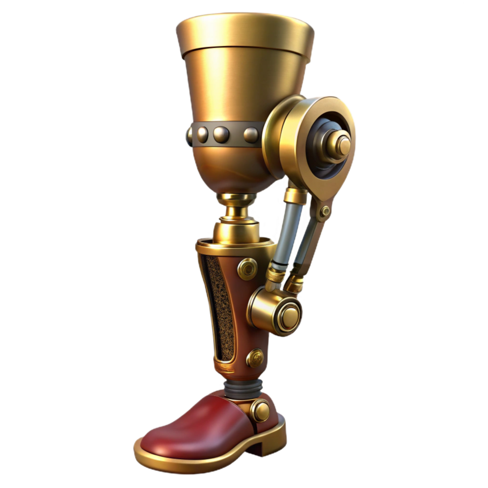 beautiful classic Steampunk prosthetic leg with articulated joints and brass plating premium png