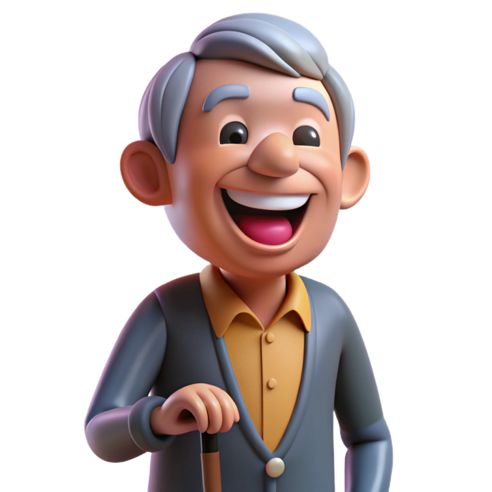 stunning classic Laughing senior man, holding a cane, original png