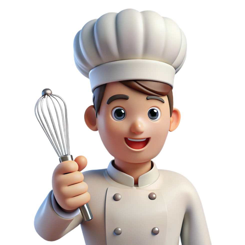 elegant artistic Chef with a toque, holding a whisk, 4K png