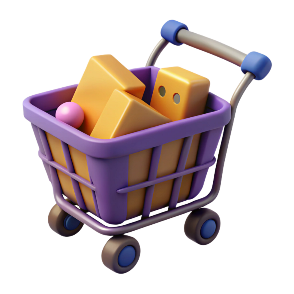 stunning minimalist A single, stylized shopping cart with abstract contents, original png