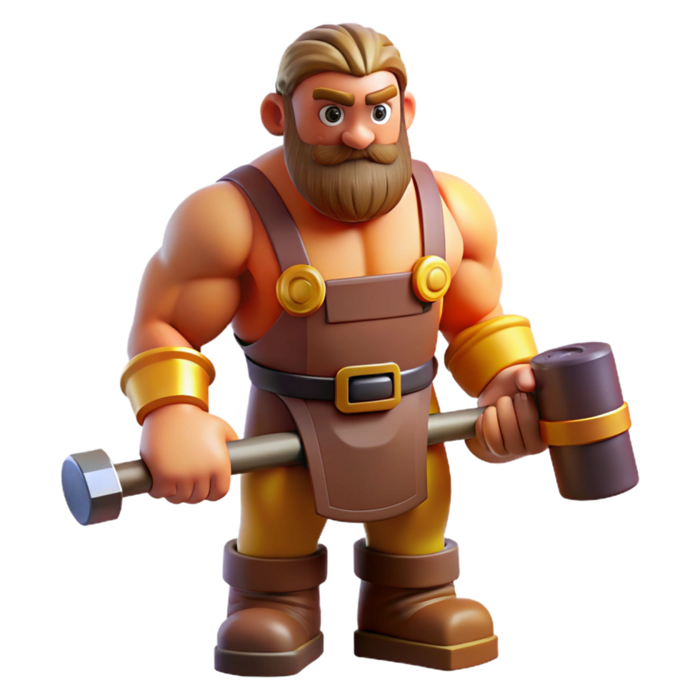 serene rustic Hephaestus, God of the Forge, holding hammer, muscular build, professional png