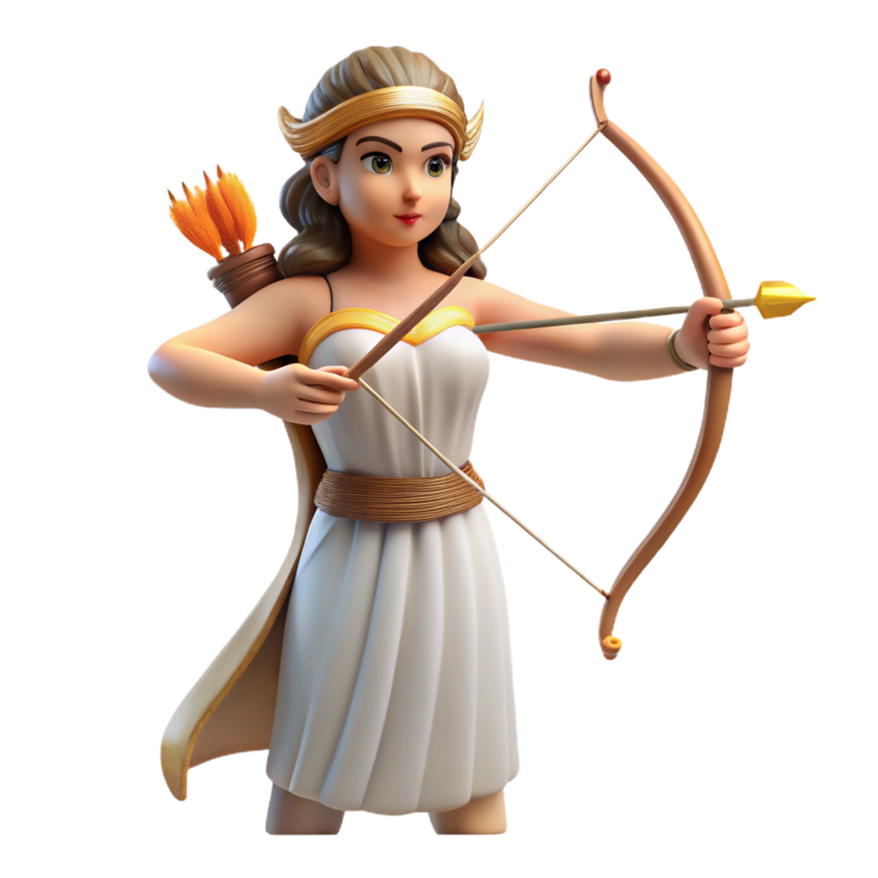 dramatic creative Artemis, Goddess of the Hunt, holding bow and arrow, focused gaze, high quality png