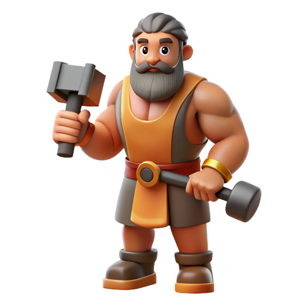 serene modern Hephaestus, God of the Forge, holding hammer, muscular build, exclusive png