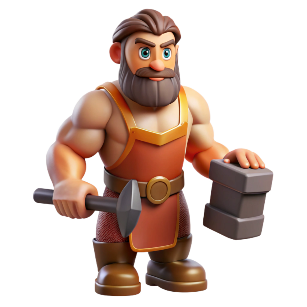 impressive modern Hephaestus, God of the Forge, holding hammer, muscular build, detailed png