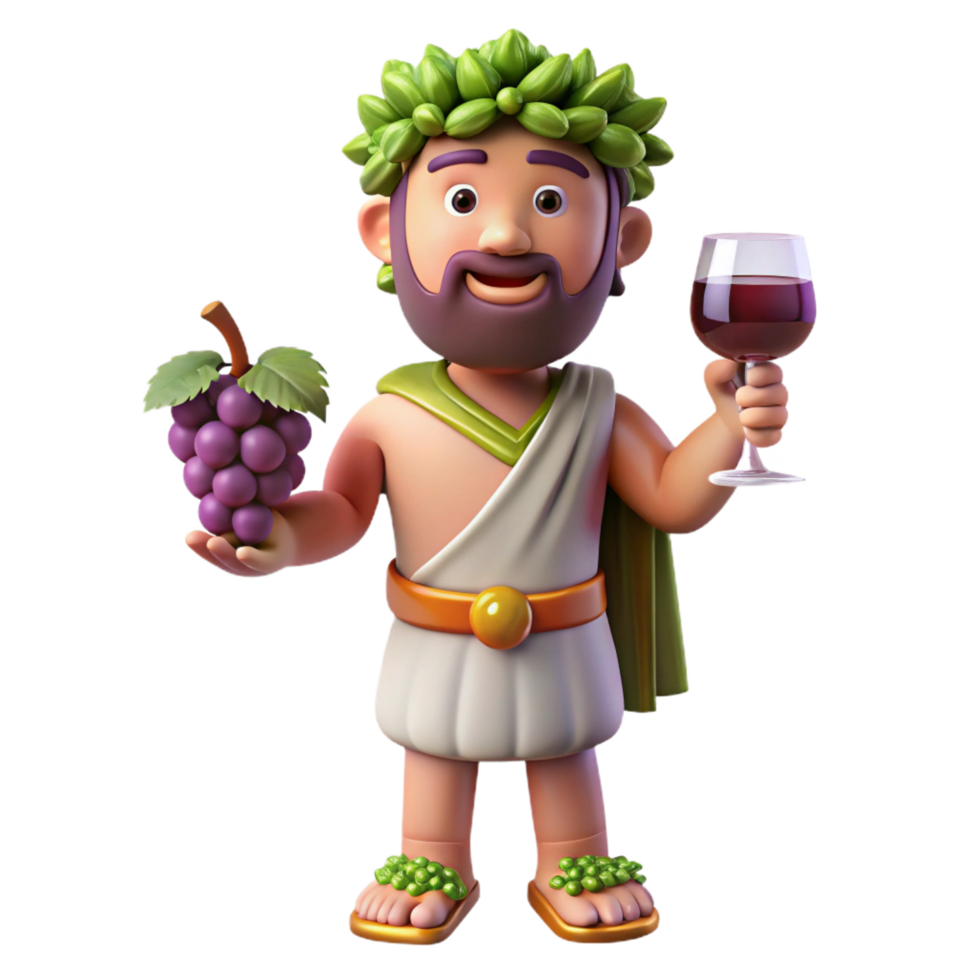 stunning classic Dionysus, God of Wine and Revelry, holding grapes and wine glass, festive pose, high resolution png